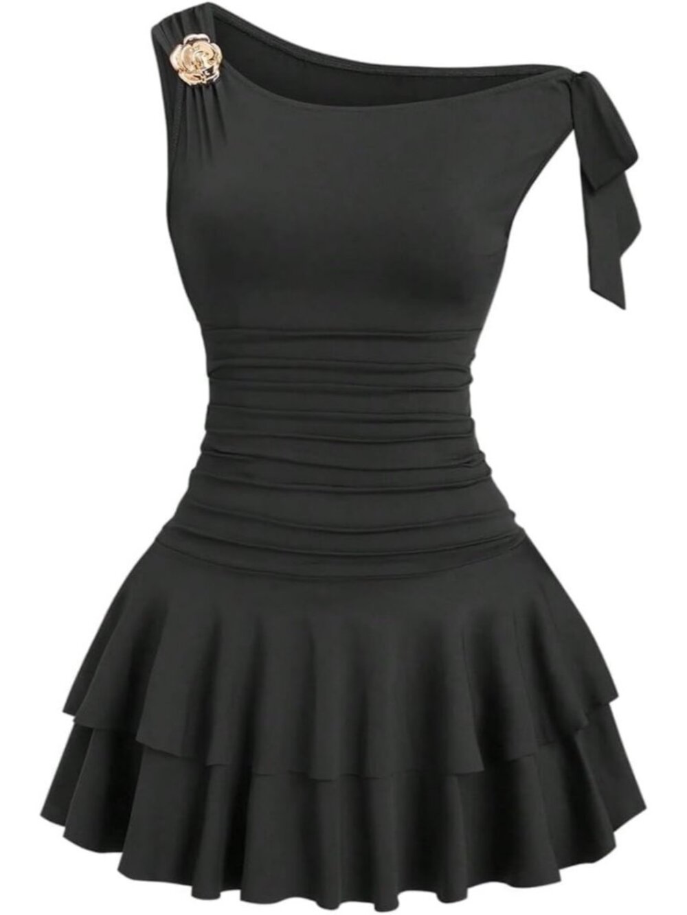 Women Black Mini Dress One Shoulder Metal Floral Sleeveless Layered Hem Pull On